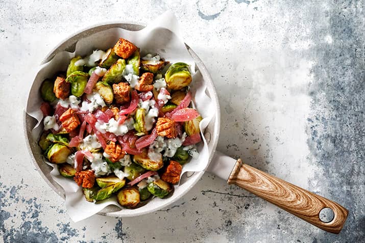 Pork Belly, Stilton Blue, and Red Onion Jam Roasted Brussels Sprouts