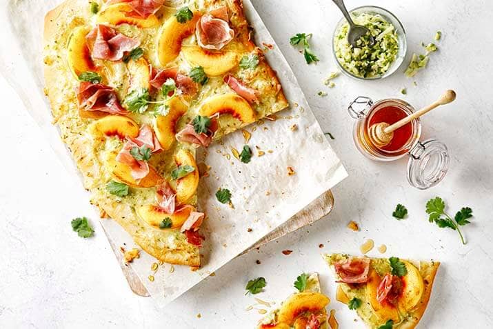 Spicy Peach and Prosciutto Flatbread Recipe Image